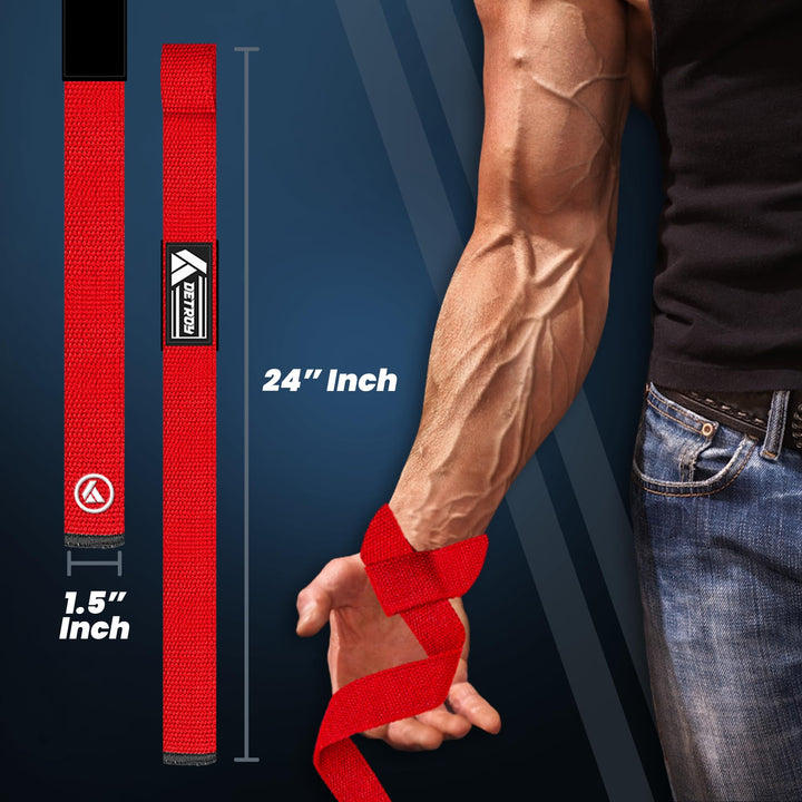 Detroy® Lifting Wrist Straps for Weightlifting, Deadlifts, Bodybuilding, Powerlifting, Gym Strength Training Workouts - Padded Neoprene with 24 inch Webbing Cotton with Silicone Grip for Men & Women (Red)