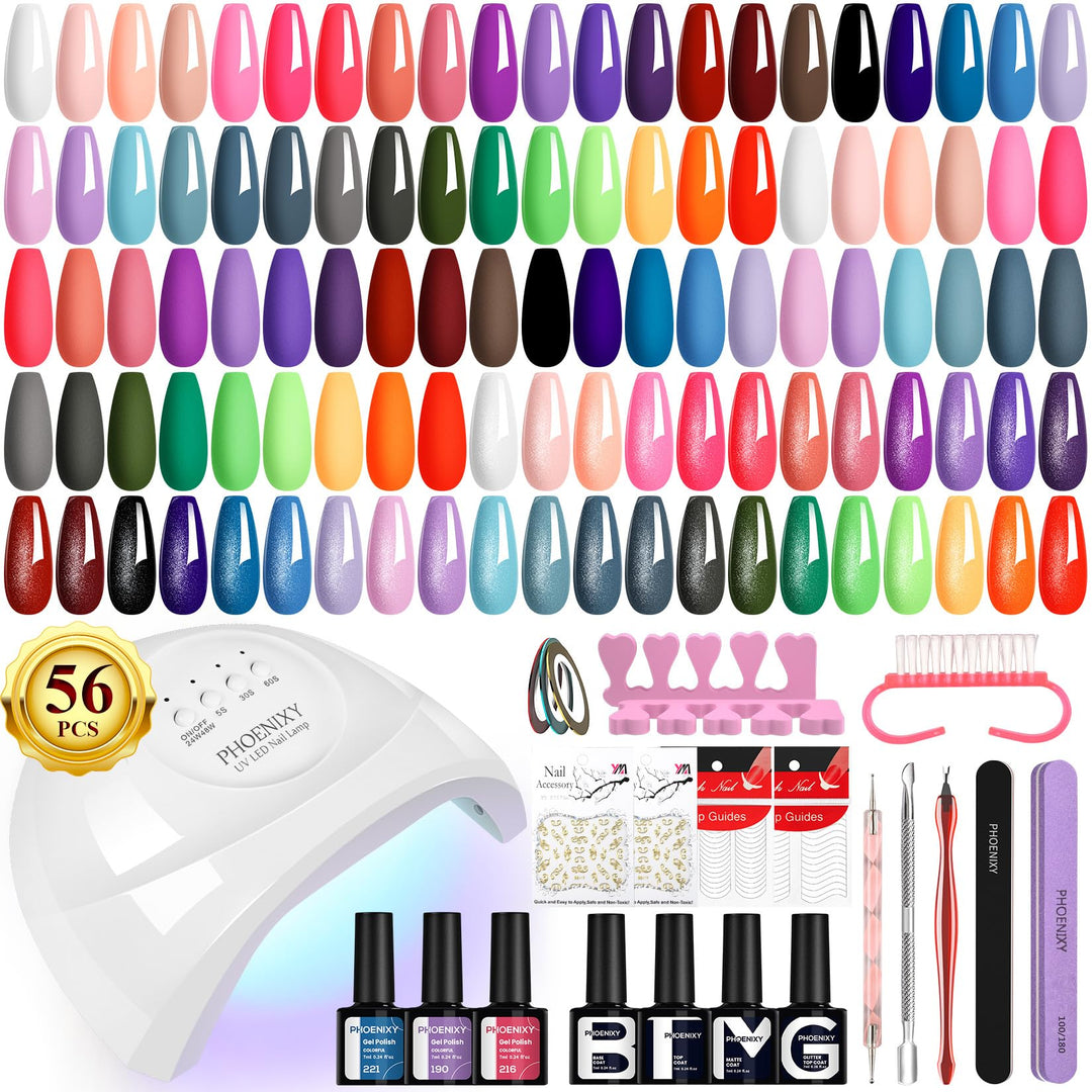 PHOENIXY Gel Nail Polish Kit with U V Light 48W, 56 Pcs 108 Effect Gel Nail Polish Set Base Glitter Top Coat Gel Nail Kit Manicure Tools Gifts for Women