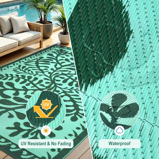 Anidaroel Outdoor Rugs 6x9 for Patios Clearance, Waterproof Reversible Plastic Straw Outside Area Rugs, Outdoor Camping Mat for RV, Porch, Balcony, Pool Deck, Picnic (Green,6‘x9')