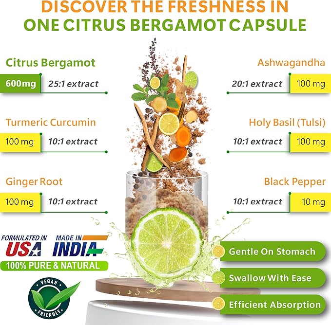 6in1 Citrus Bergamot Supplement with Ashwagandha, Holy Basil, Turmeric & Ginger Root - Healthy Aging, Immune & Relaxation - 120 Vegan Capsules