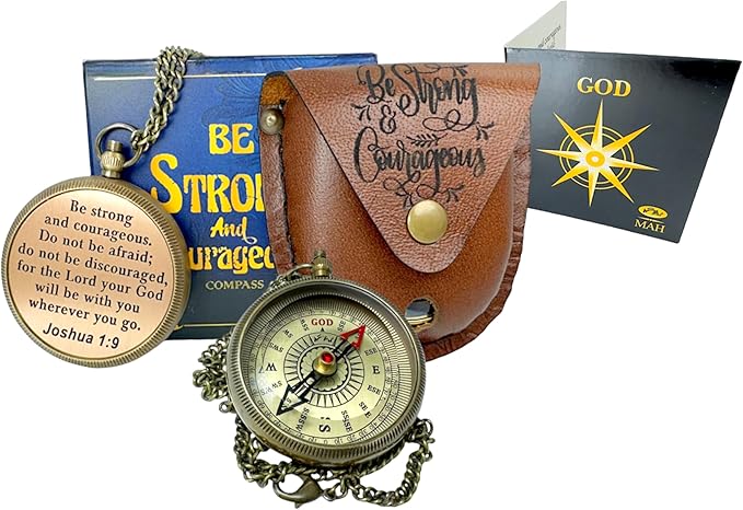 Bible Verse Brass Compass – “Be Strong and Courageous” (Joshua 1:9) | Christian Gift for Graduation, Baptism, Confirmation – Religious Keepsake for Boys, Girls, Teens, Men, Pastors & Church Events