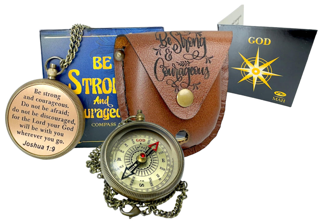 Be Strong and Courageous Brass Religious Compass Gift Confirmation Baptism Easter Christian Catholic Graduation Trekking Adventure Engraved Scripture Prayer Gift for Men Women Teenage Boys Girls