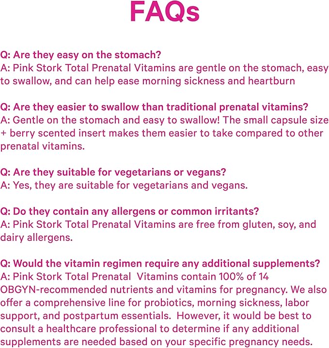 Pink Stork Total Prenatal Vitamins with DHA, Folate, Iron, Choline, and Vitamin B12 - Prenatals for Women to Support Fetal Development, Pregnancy Must Haves, Berry Essence, 60 Capsules, 1 Month Supply