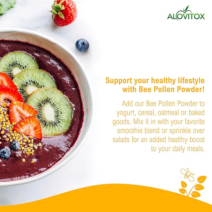 Alovitox Bee Pollen Powder | 100% Pure, Natural Raw Bee Pollen - Antioxidants, Proteins, Vitamins B6, B12, C and A, Amino Acids and More | Non-GMO, Vegan | 8z