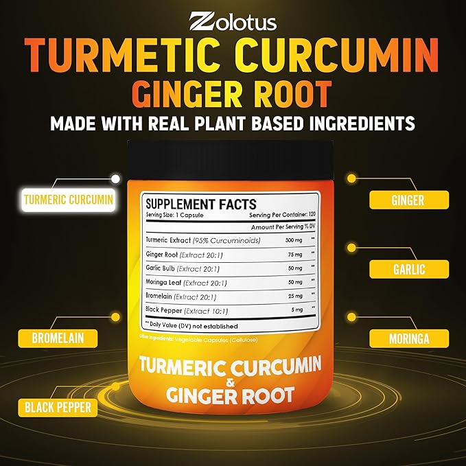 6 in 1 Turmeric Curcumin + Ginger Capsules, 95% Curcuminoids with Ginger, Garlic Bulb, Bromelain, Moringa, Black Pepper - 120 Capsules
