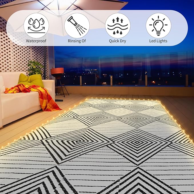 6x9ft Waterproof Outdoor Rug with LED Lights, Foldable Reversible Plastic Straw Mat for Patio RV Camping Picnic Balcony Beach Deck Indoor Outdoor Carpet, Black&White