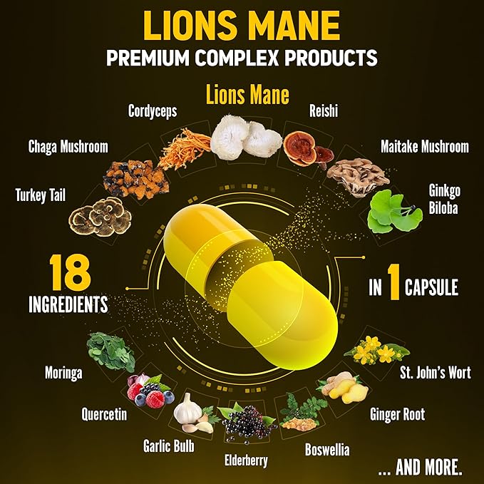 Zolotus Lions Mane Mushroom Complex Capsules with Cordeyceps, Elderberry, Ginkgo Biloba, Bacopa - 90 Capsules