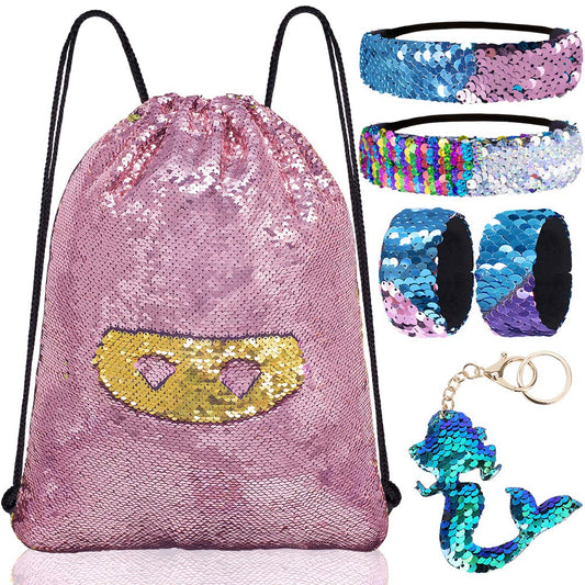 Mermaid Reversible Sequin Drawstring Backpack/Bag Gold/Pink for Kids Girls One_Size