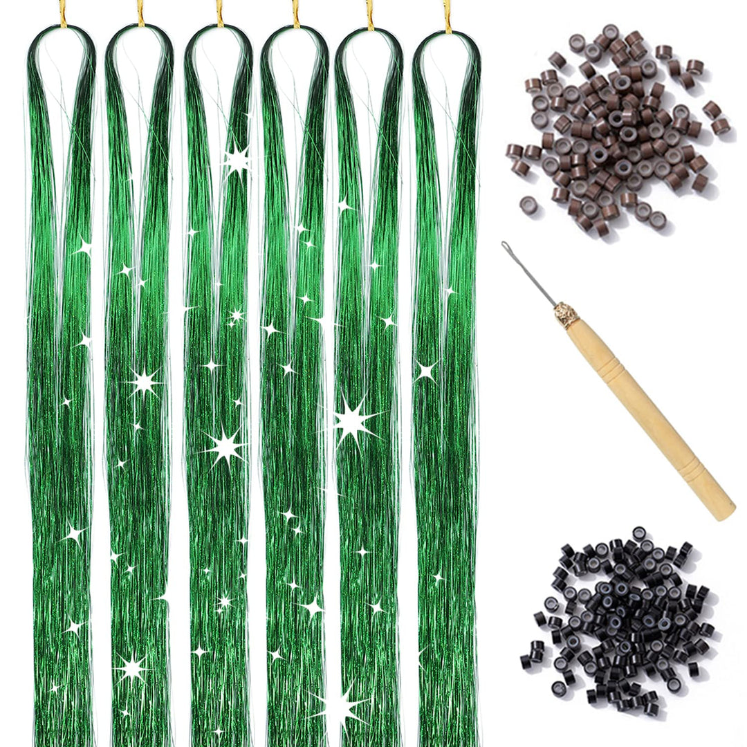 Green Hair Tinsel Kit With Tool 6Pcs 1200 Strands Glitter Tinsel Hair Extensions Heat Resistant Sparkling Shiny Fairy Hair Acces