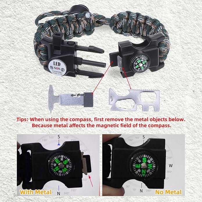 Adjustable Survival Paracord Bracelet, 2 Pack Emergency Fire Starter Kit with Loud Whistle Compass Light Flint Steel for Hiking Fishing Hunting, Tactical Gear Equipment Multitools