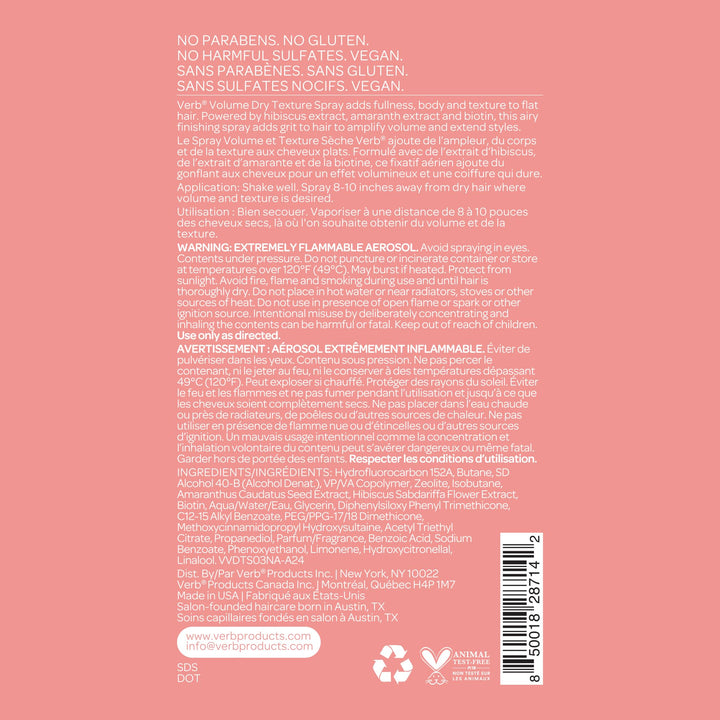 VERB Volume Dry Texture Spray, 1.6 oz- Boosts Volume, Adds Fullness & Weightless Grit - Sulfate, Paraben and Gluten Free