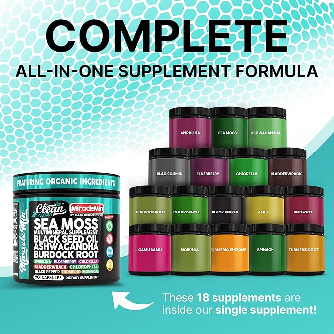 Clean Nutra Sea Moss Capsules with Ashwagandha, Black Seed Oil, Burdock Root, Bladderwrack, Moringa, Chlorella, Spirulina, Turmeric, Elderberry, Amla – 90 Vegan Capsules – MiracleMin
