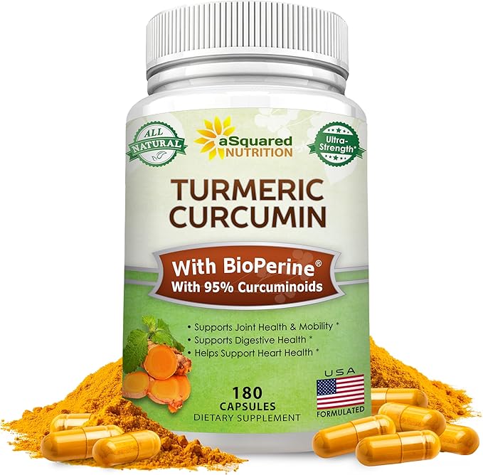 aSquared Nutrition Turmeric Curcumin 1300mg with BioPerine Black Pepper Extract - 180 Capsules - with 95% Curcuminoids, 100% Natural Tumeric Root Powder Supplements, Pure & Joint Stiffness Pills