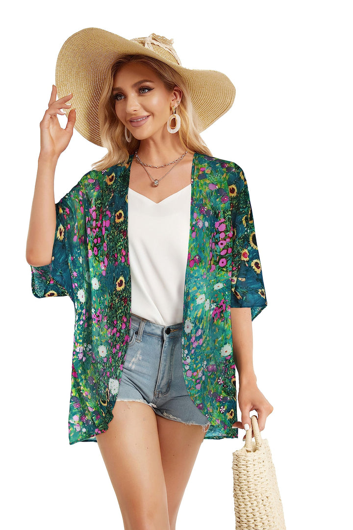 Summer Kimono Cardigan for Women Sheer Hawaii Tops Casual Open Front Swimwear Shirts Beach Cover ups (Green Daisy,S)