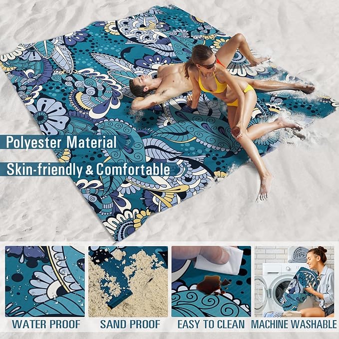 Beach Blanket Sandproof Waterproof 78''×81''1-5 Adults Oversized,Compact Lightweight Durable Beach Mat for Travel Camping Hiking Picnic Blanket