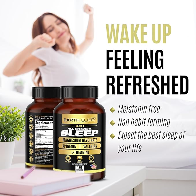 4-in-1 Sleep Aid (120 Caps) w/Apigenin 50mg, Magnesium Glycinate 200mg, L Theanine 200mg & Valerian Root for Sleep Aid 300mg | Apigenin Supplement for Sleep | Sleeping Pills