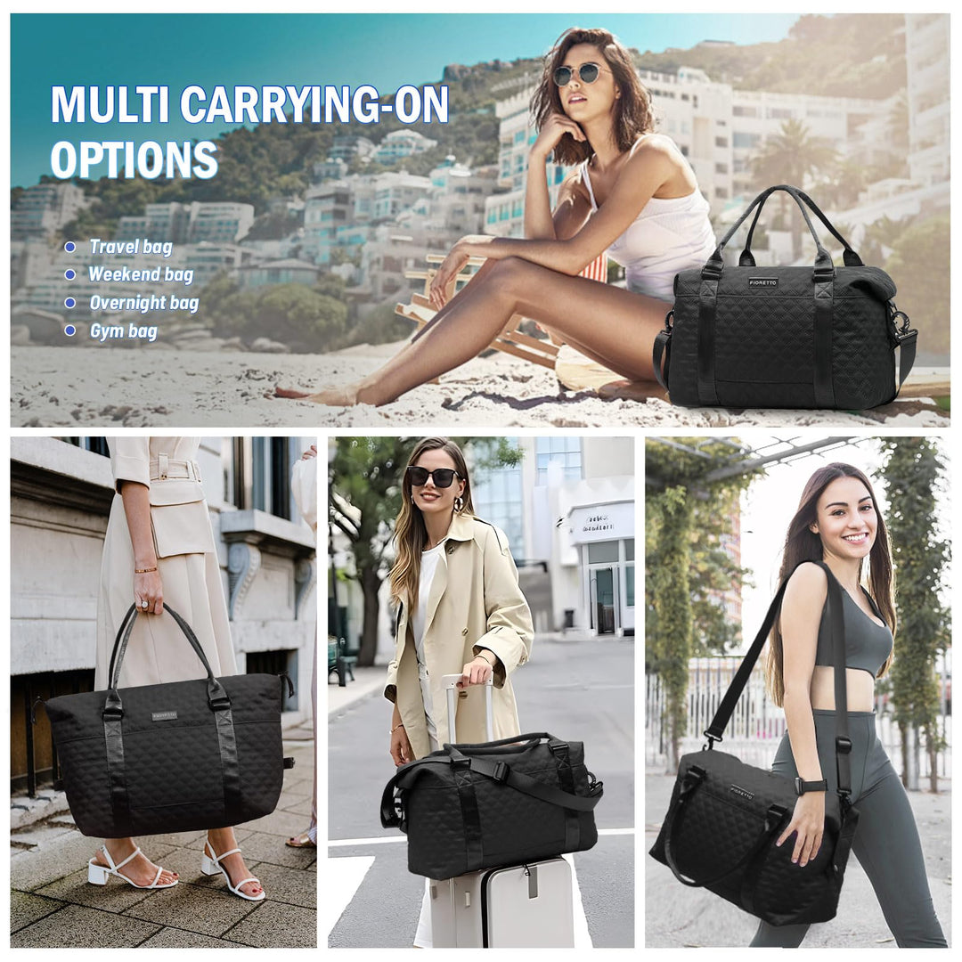 FIORETTO Women's Water-Resistant Travel Gym Duffle Bag with Detachable Strap, Multi-Functional, Ideal for Travel, Gym, Sports, Weekender, DUffel, with Toiletry Bag, Black