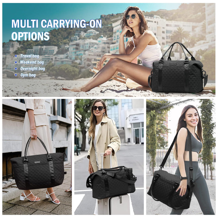 FIORETTO Women's Water-Resistant Travel Gym Duffle Bag with Detachable Strap, Multi-Functional, Ideal for Travel, Gym, Sports, Weekender, DUffel, with Toiletry Bag, Black