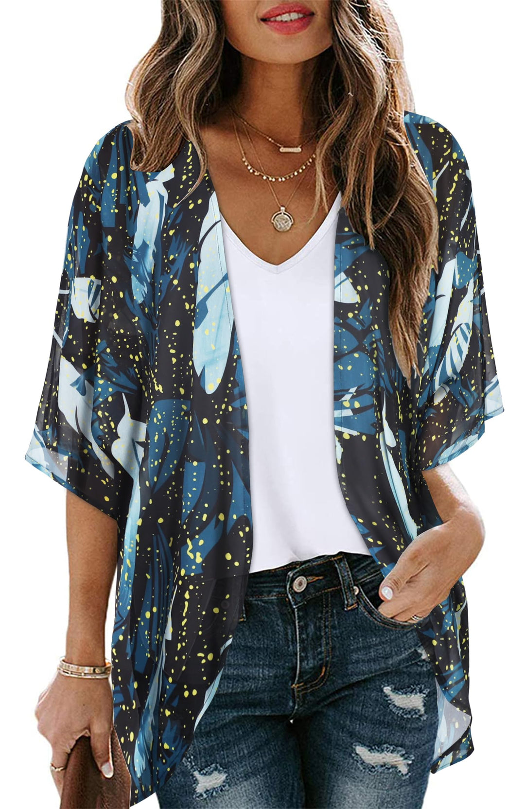 Womens Casual Coverup Summer Kimono Cardigan Hawaiian Shirts Loose Blouse Duster （Firefly Blue Print,S）