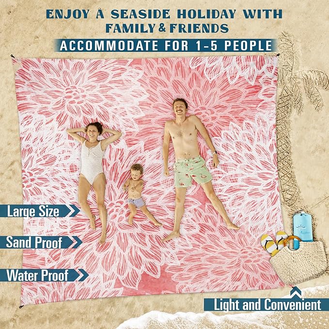 Beach Blanket Sandproof Waterproof 78''×81''1-5 Adults Oversized,Compact Lightweight Durable Beach Mat for Travel Camping Hiking Picnic Blanket