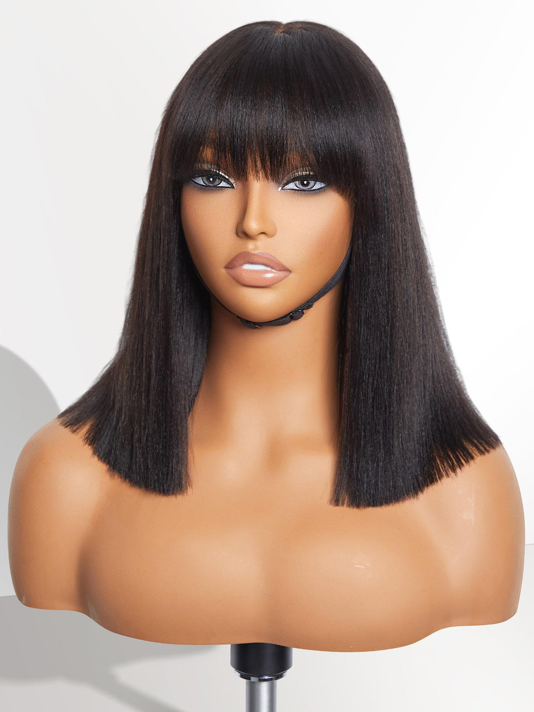 LUVME HAIR 12 Inch Light Yaki Straight Bob Wig with Bangs Human Hair Realistic HD Lace Short Black Bob Wigs, Ready to Go Blunt Cut Bob Wig Glueless 180 Density