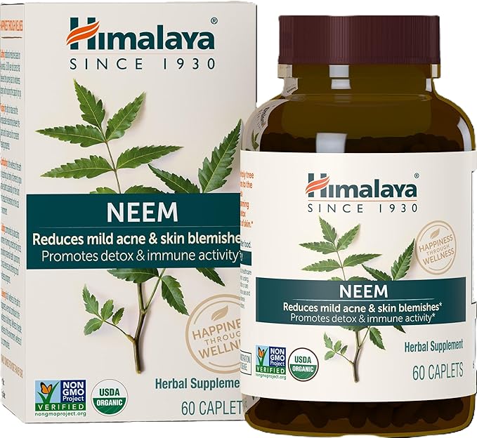 Himalaya Organic Neem Herbal Supplement, for Mild Acne & Clear Skin, Purifying, Ayurvedic, USDA Certified Organic, Non-GMO, Vegan, 600 mg, 60 Plant Based Caplets, 2 Pack