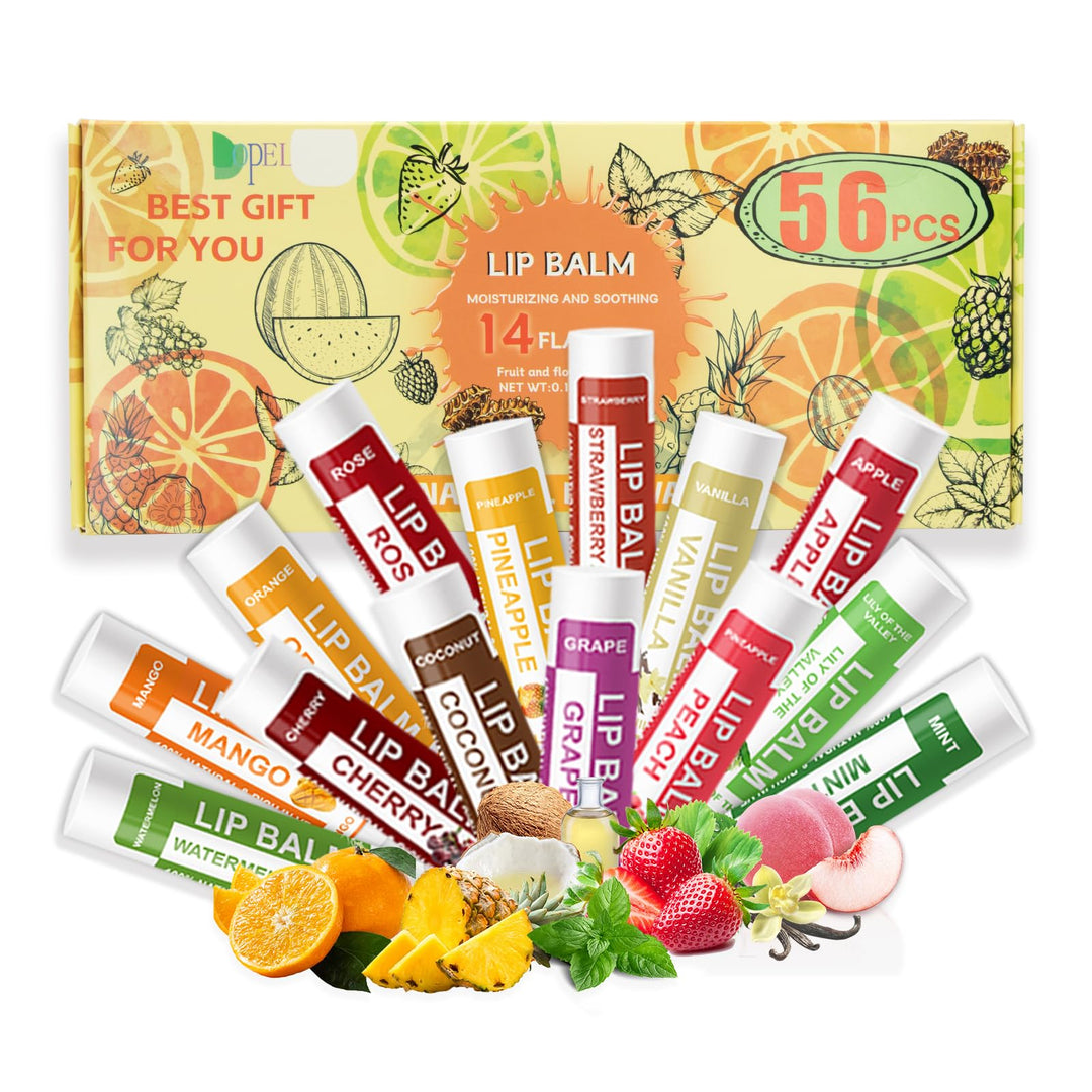Yopela 56 Pack Natural Lip Balm in Bulk with Vitamin E and Coconut Oil - Moisturizing, Soothing, and Repairing Dry and Chapped Lips - 14 Flavors - Non-GMO Valentine's Gift