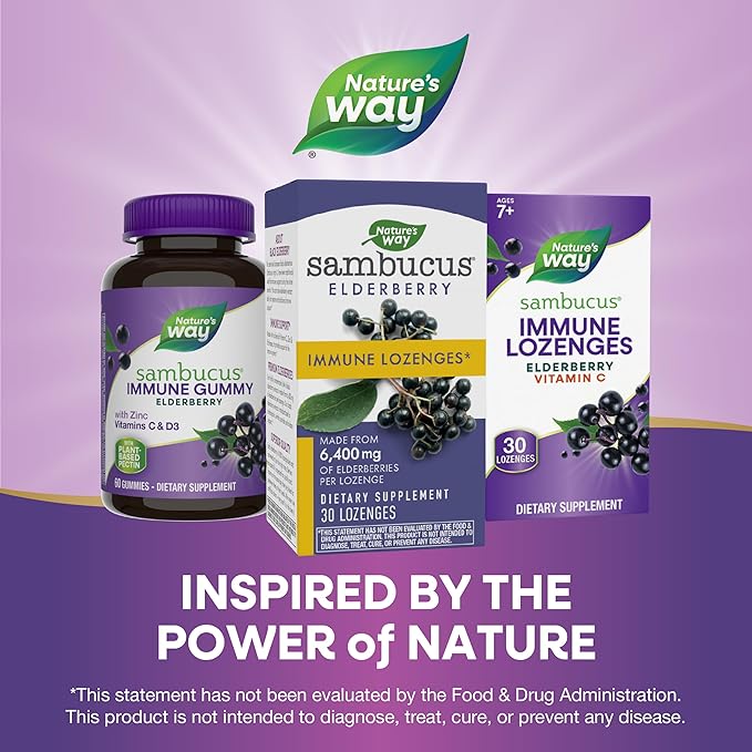 Nature's Way Sambucus Immune Elderberry Lozenges* with Vitamin C, Echinacea, & Zinc, 30 Lozenges