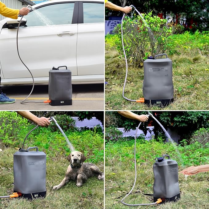 B. TAWD 4.5 Gallon Silicone Water Tank, Portable Camping Shower, USB Battery Charging, Solar Heating, with Shower Head, Electric Portable Outdoor Shower, Built-in Thermometer, Beach, Camping, Hiking