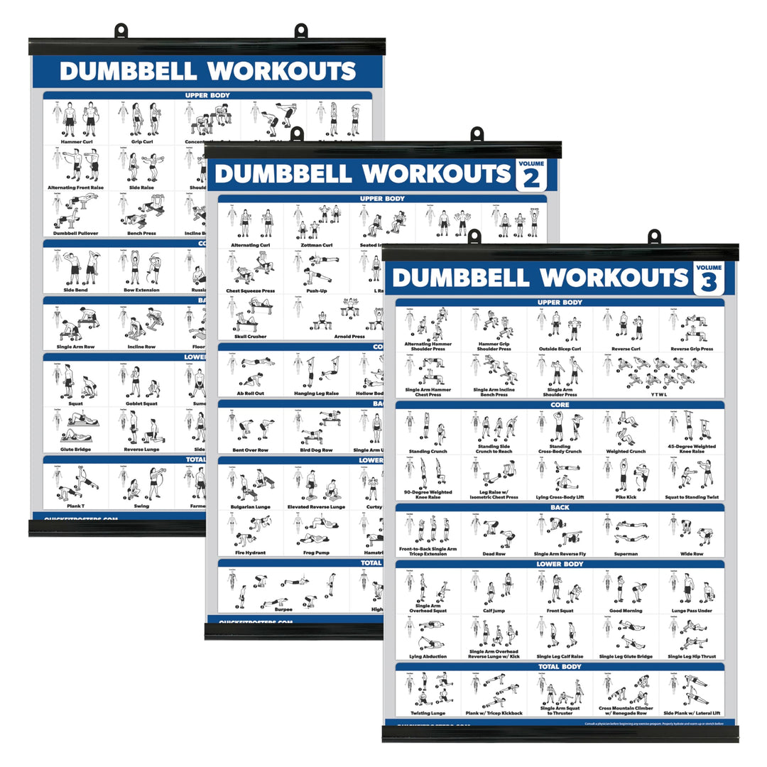 Palace Learning 3 Pack - Dumbbell Workout Posters for Home Gym - Volume 1, 2 & 3 - Exercise Charts (Laminated with Plastic Frame, 18" x 24")