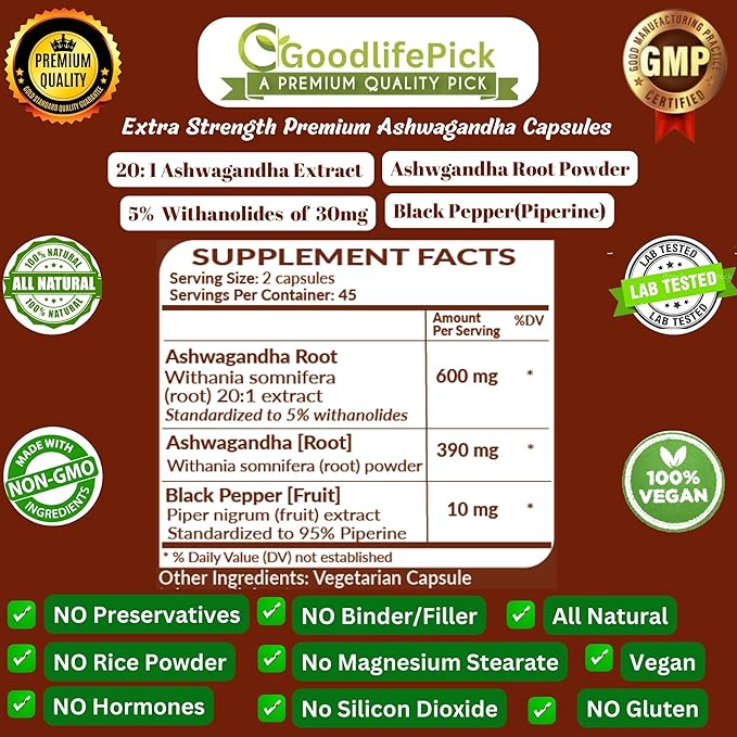 Ashwagandha Capsules with Black Pepper from Pure Ashwagandha Powder & 20:1 Ashwagandha Root Extract with Black Pepper 90 Veg Cap AllNatural NonGMO Vegan NO Rice Powder NO Gluten