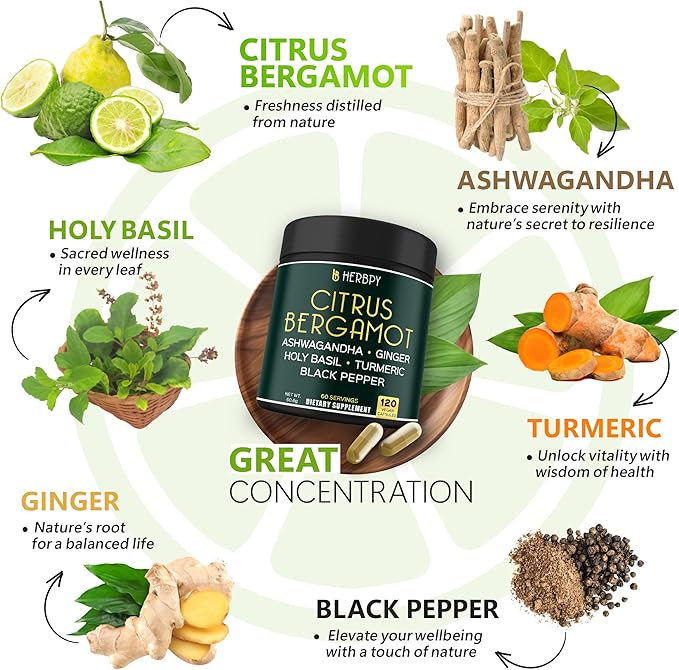 6in1 Citrus Bergamot Supplement with Ashwagandha, Holy Basil, Turmeric & Ginger Root - Healthy Aging, Immune & Relaxation - 120 Vegan Capsules