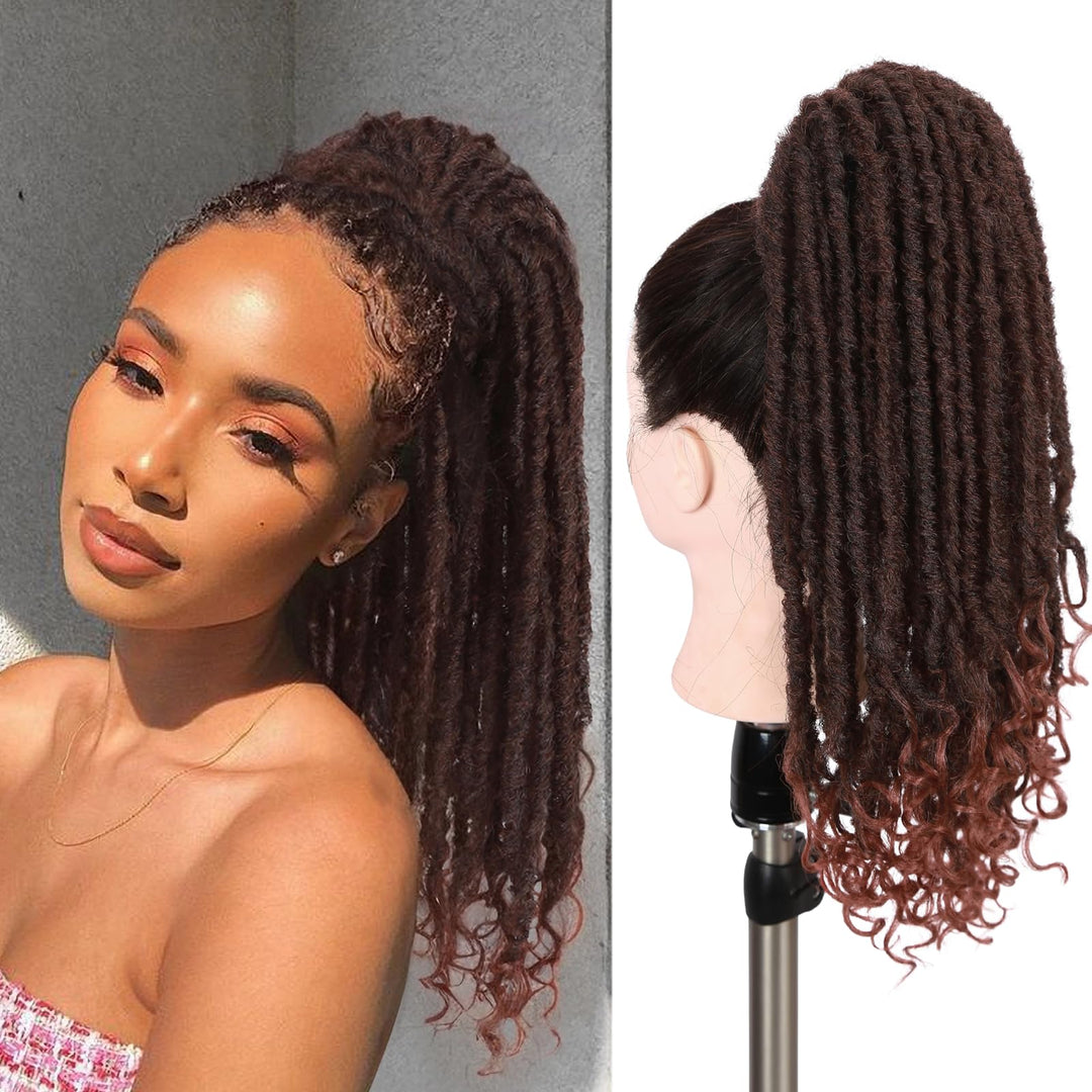 WIGER Ombre Ginger Medium Length Coily Curly Ponytails Clip In Dreadlock Ponytail Extensions Faux Locs Twisted Hairpiece for Black Women Goddess Locs Wrap Around Synthetic Fake Pony Hair