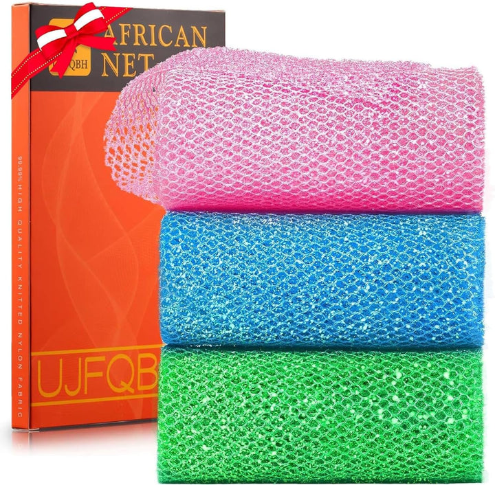3-Piece African Net Bath Sponge Set | Exfoliating Body Scrubber | Blue
