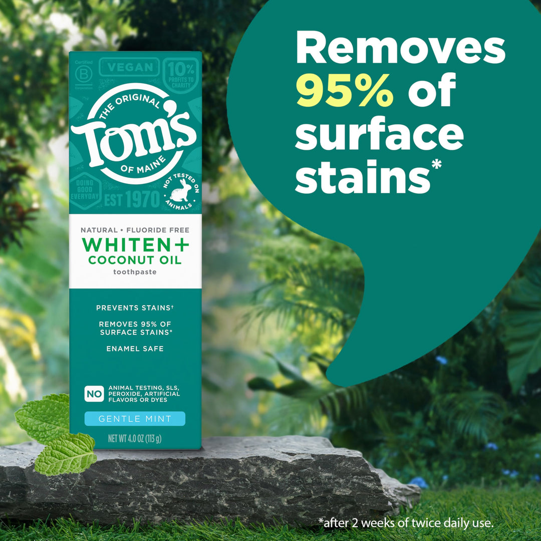 Tom’s of Maine Whiten Plus Coconut Oil Fluoride Free Toothpaste, Natural Whitening Toothpaste with Coconut Oil and Plant-Based Cleansers, Whitens Without Causing Sensitivity, Gentle Mint, 4.0 Oz