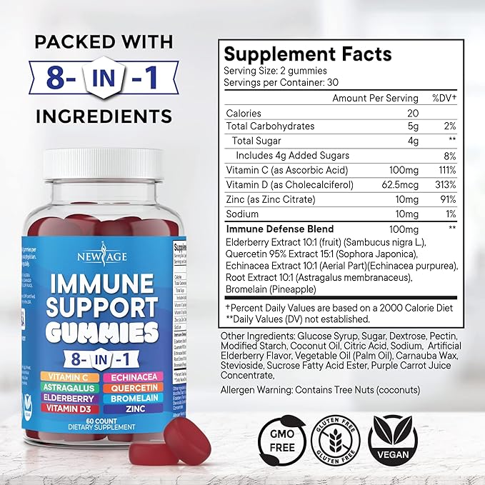NEW AGE 8 in 1 Immune Support Booster Supplement with Astragalus Root, Vitamin C and Zinc 50mg, Vitamin D 5000 IU, Quercetin & Bromelain (8 in 1 Gummies (Pack of 2))