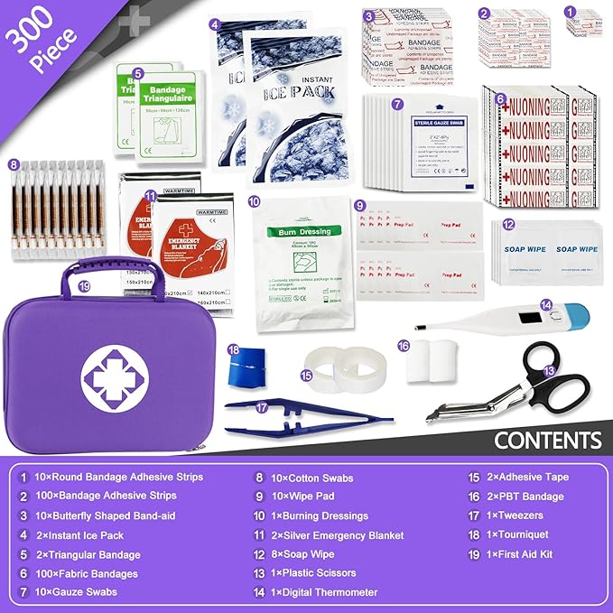 300PCS Home First Aid Kit for Hiking Car Home Emergency Kit First Aid Multiple Purpose Case Outdoor Backpacking Gear for Disaster Preparedness Purple