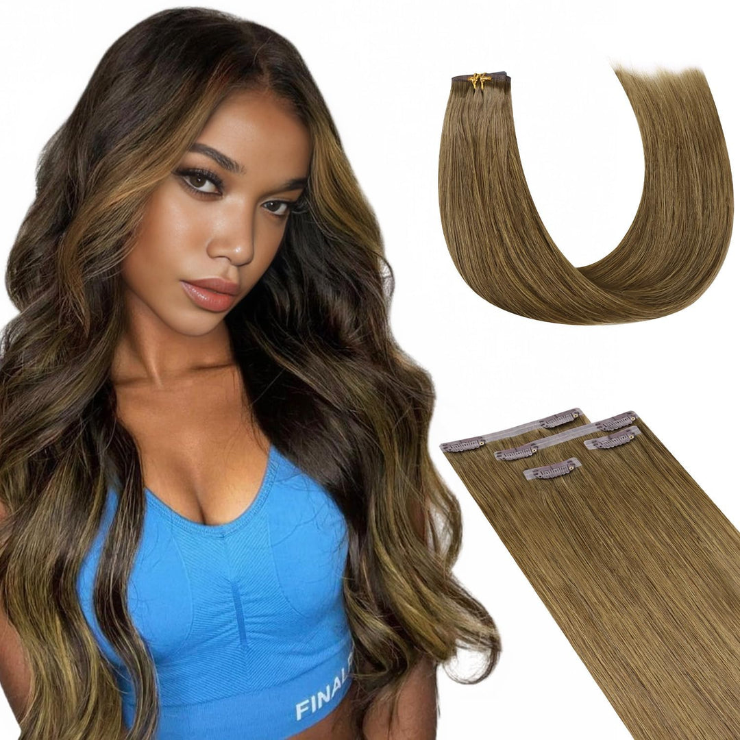 Lashey Seamless Clip In Hair Extensions Human Hair, 4Pcs 48G Medium Brown 20 Inch, Straihgt Hair Extensions Real Human Hair With