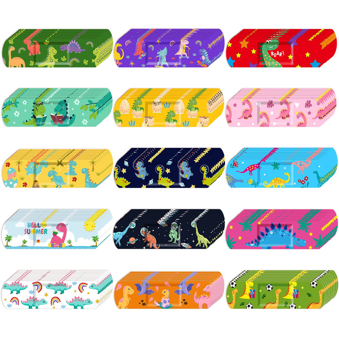 Estune 150 Pcs Bulk Kids Bandages Dinosaur 15 Styles Fun Children's Adhesive Bandages Colorful PE Flexible Bandages Cartoon Bandages for Kids Boys Girls Students