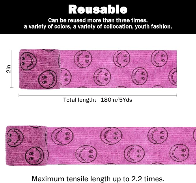 First Aid Bandages Cohesive Wrap Adhesive Self Adherent Tape Colorful (Pink Smile, 2-Inch)