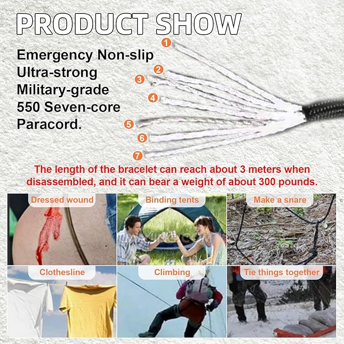 Adjustable Survival Paracord Bracelet, 2 Pack Emergency Fire Starter Kit with Loud Whistle Compass Light Flint Steel for Hiking Fishing Hunting, Tactical Gear Equipment Multitools