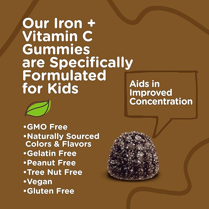 Iron Gummies for Kids with Vitamin C - Supports Energy, Blood Cell Formulation, Blood Builder Anemia Kids Iron Supplements - Vegan, Gelatin Free, Gluten Free - Tasty Chewable Grape Flavored Gummy