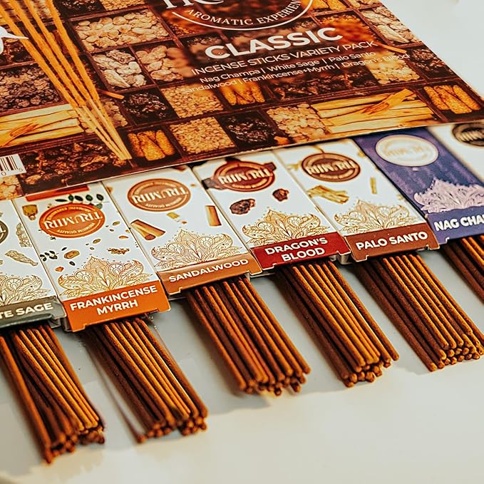 Classic Incense Sticks - Total 120 Insence-Sticks (20 Insense x 6 Inscents) - Inciensos Aromaticos Para La Casa Incents with Nag Champa Sage Palo Santo Frankincense Sandalwood Inscents-Sticks + Holder