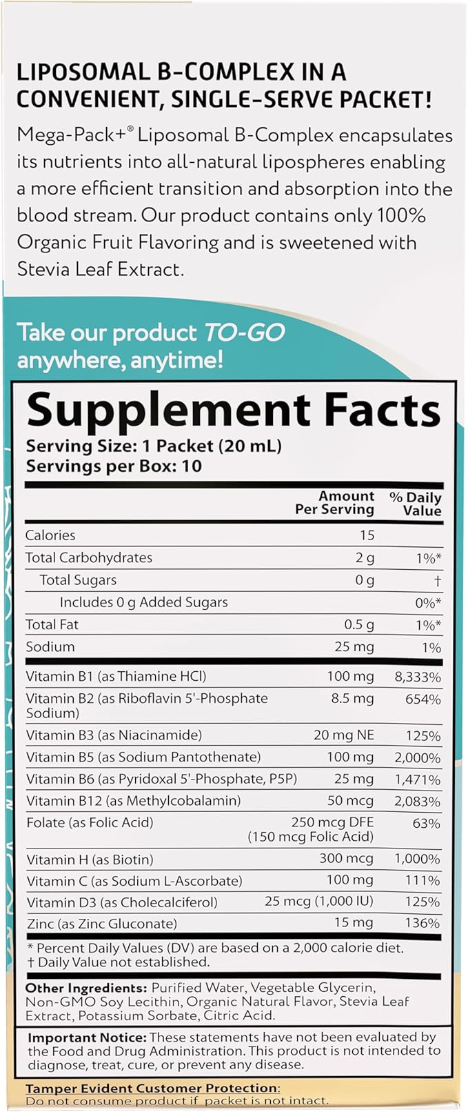 Aurora Nutrascience Mega-Liposomal B-Complex + Vitamin C, Supports Energy, Immune & Nervous System Health, Gluten Free, Non-GMO, Sugar-Free, Orange Flavor, 10 Single Serve Packets