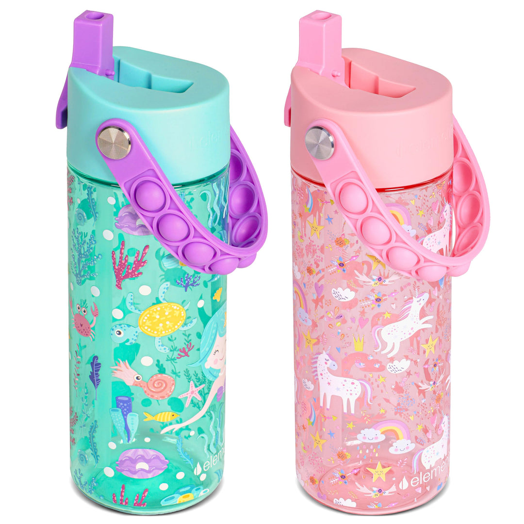 Elemental Leak Proof Water Bottles for Kids - Splash Kids Water Bottle for School with Fun Fidget Pop-it Handle - Tritan Plastic Water Bottle with Straw - Mermaid & Pink Unicorn - 18oz (2 Pack)