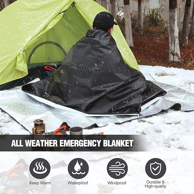 REDCAMP Ultralight Tent Footprint, Emergency Blanket with Insulated Thermal Reflective Liner, Waterproof Sandproof Camping Tarp with Carrying Bag for Ground Camping Hiking (55"x87" Black)