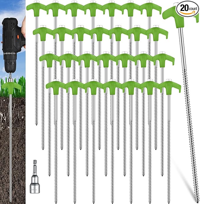 Hicarer 12 Inch Tent Stakes Screw in Camping Stakes Heavy Duty Metal Stake Ground Anchor Peg Threaded Tent Spikes with Hex Head Driver for Camping Garden Inflatable