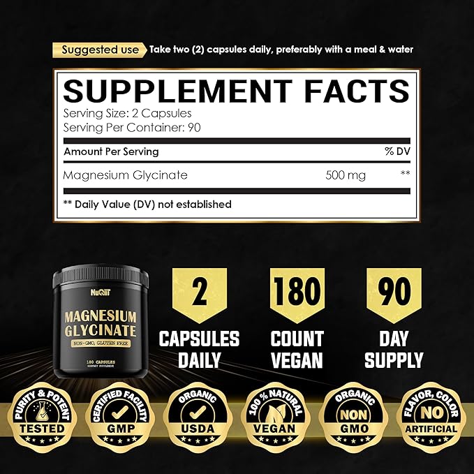 Magnesium Glycinate 500mg with 18% Pure Elemental Magnesium Compound Supplement - 180 Capsules - Powerful Benefits for Support Bone Health, Muscle Growth, Comfortable Mood & Heart Health