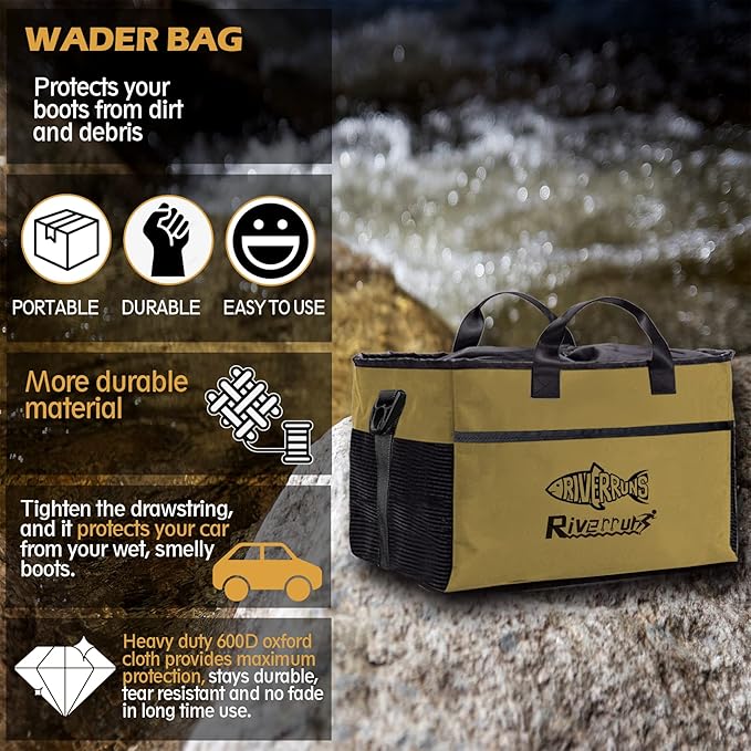 Riverruns Fishing Hunting Wader Bag with Vented Mesh, Waders Boots Bag, Fly Fishing Backpack for Fishing, Hiking, Camping