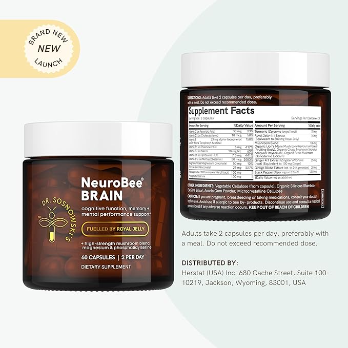 Dr Sosnowski's NeuroBee Brain Supplements with Royal Jelly, Lion's Mane + Reishi Mushroom | Energy, Mental Performance + Cognitive Function Support, 60ct